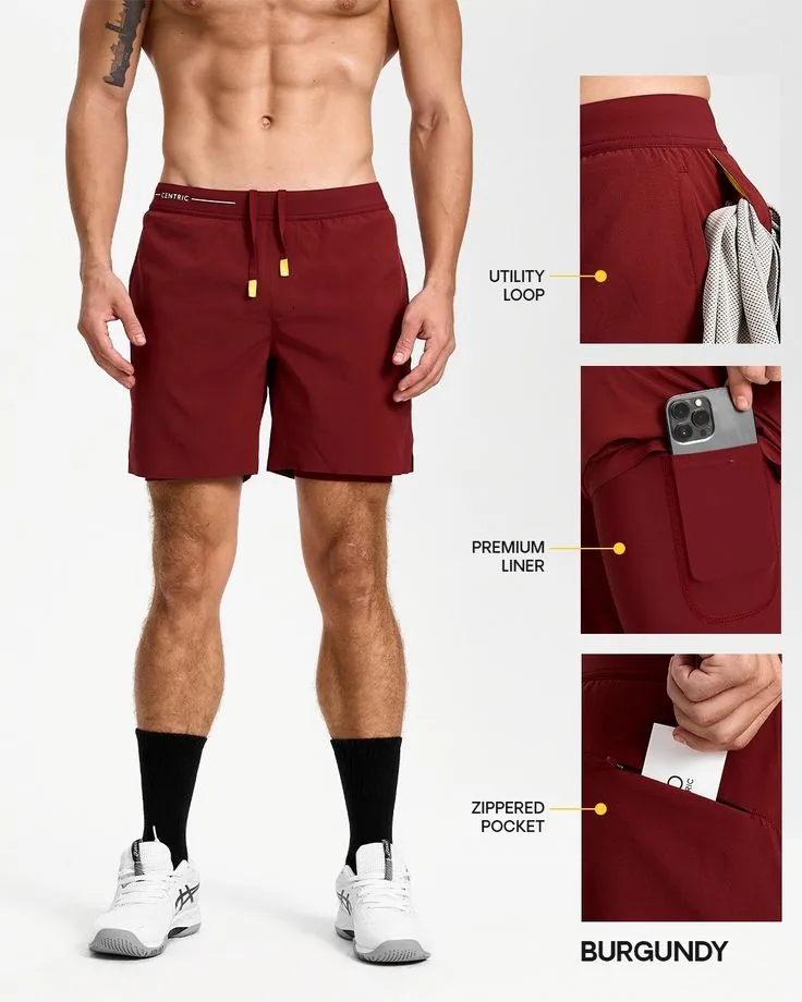 Athletic shorts on model with feature callouts