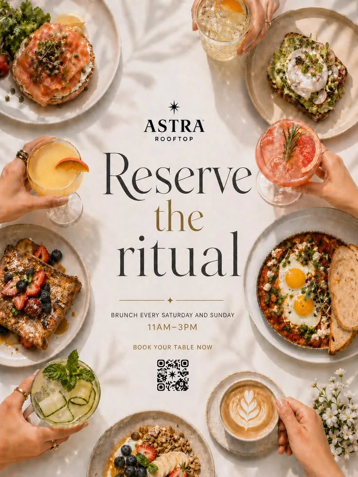 Overhead flat-lay food spread framing large centered serif headline