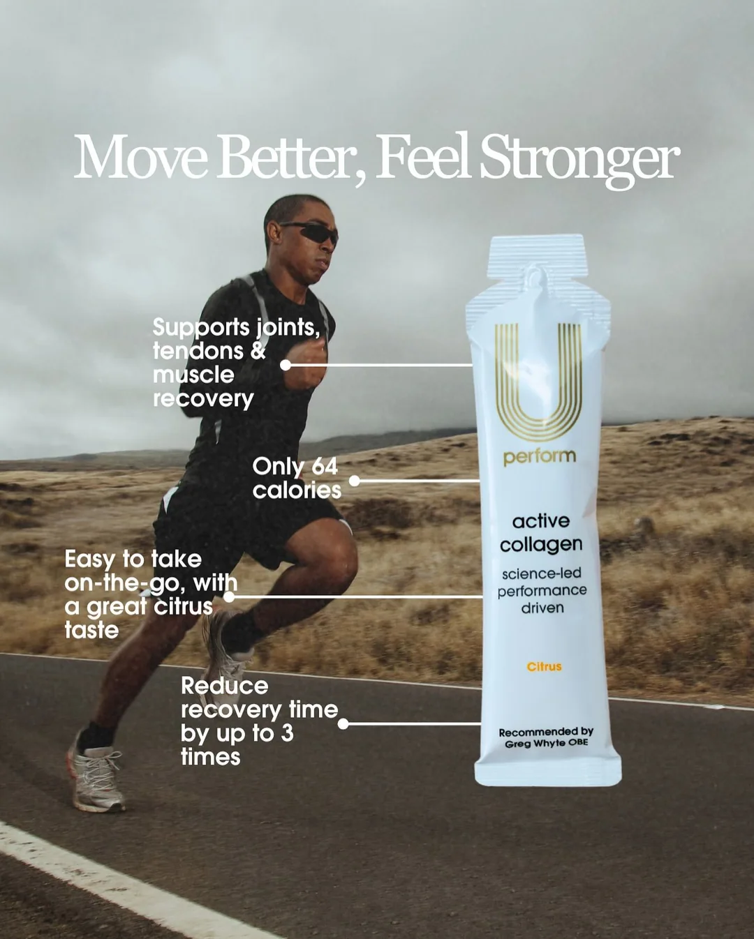 Runner with product and benefit callouts
