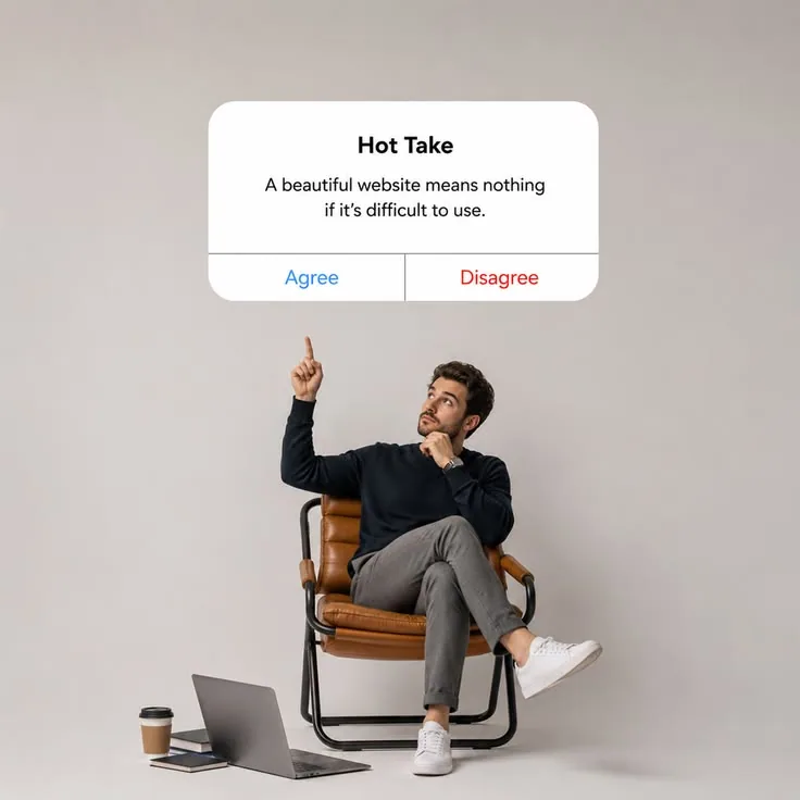 Person pointing at UI pop-up with 'Hot Take'
