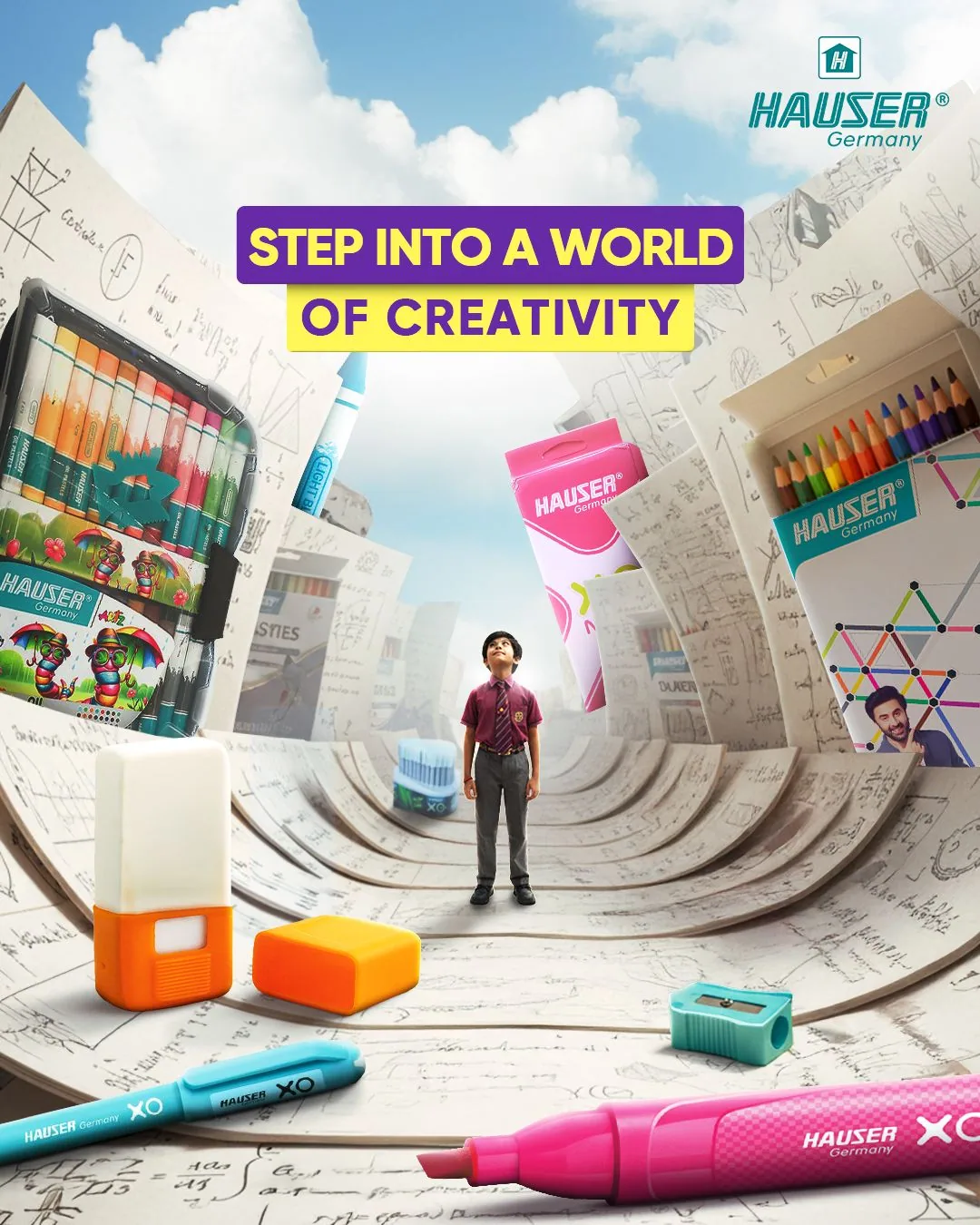 Surreal product-showcase tunnel of school supplies