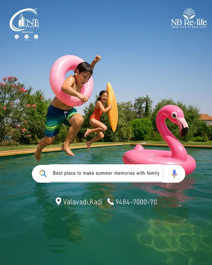 Children jumping into pool with inflatable flamingo