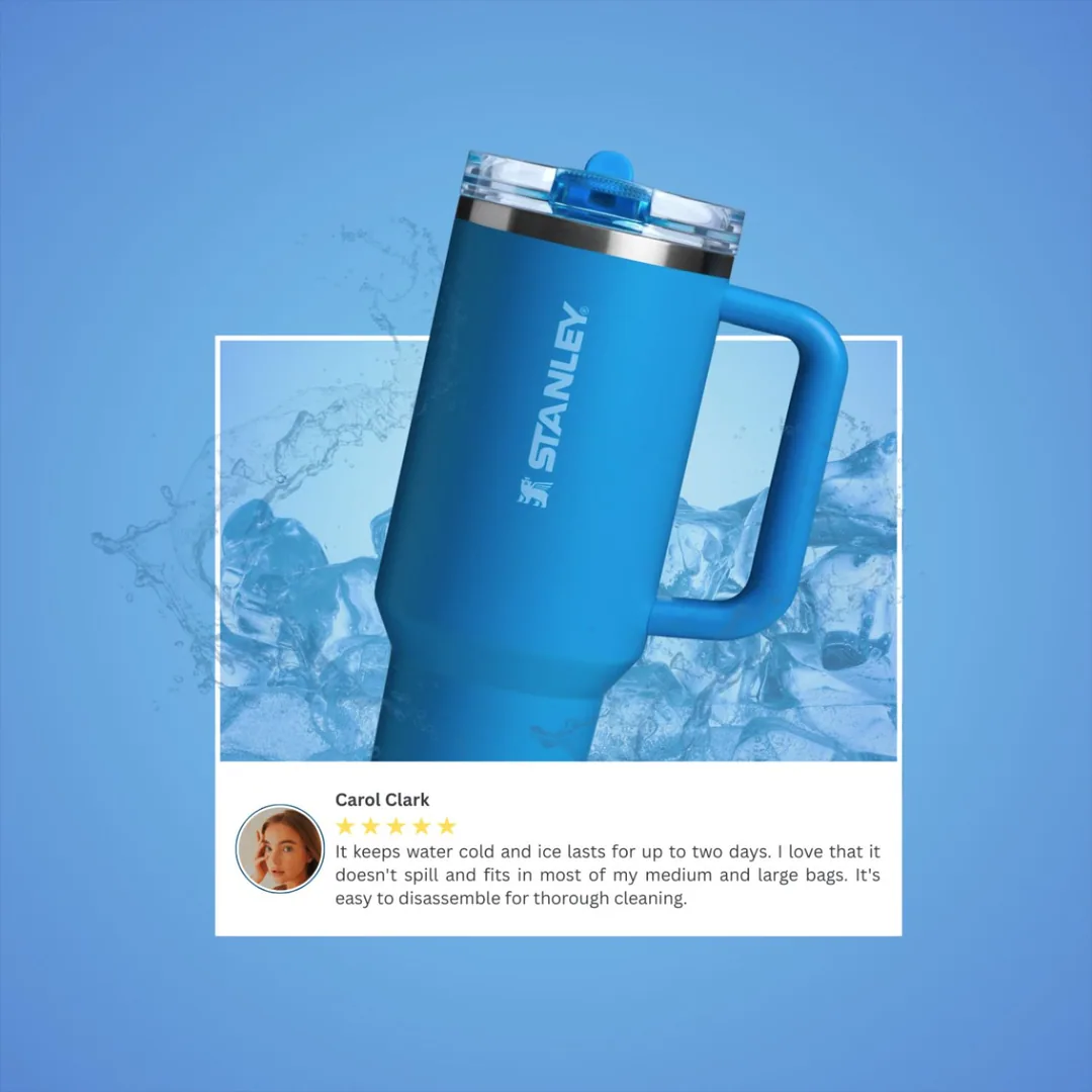 Stanley tumbler testimonial with ice background