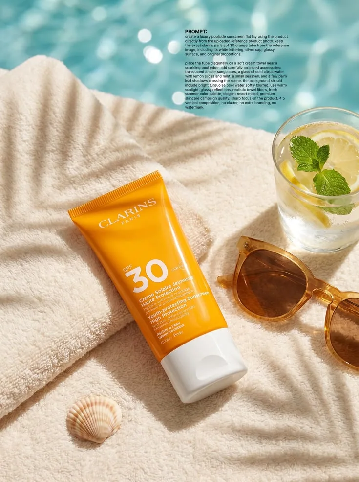 Poolside sunscreen flat-lay, luxury resort mood