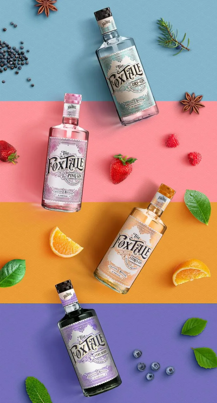 Spirits bottle range on color-block backdrop