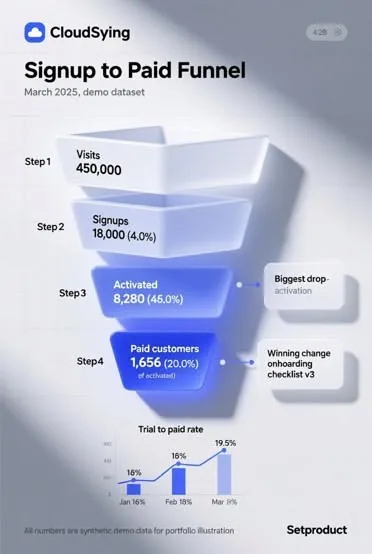 Signup-to-paid funnel dashboard infographic