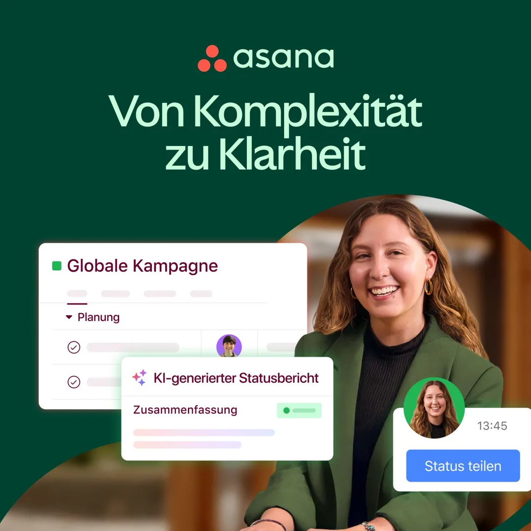 Asana UI showcase with smiling person