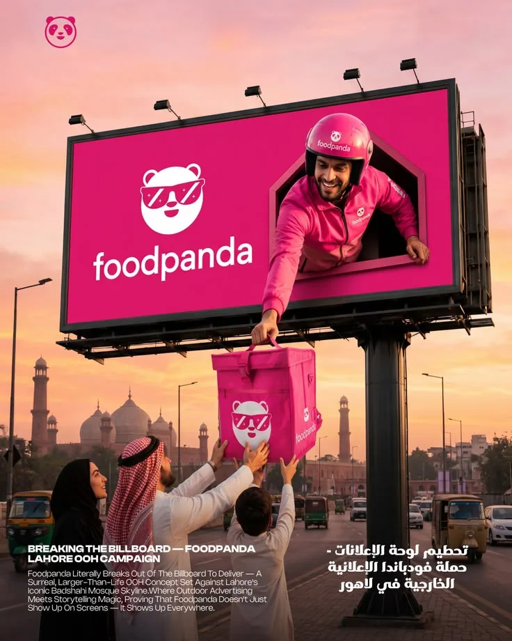 Foodpanda delivery person emerges from billboard to hand bag