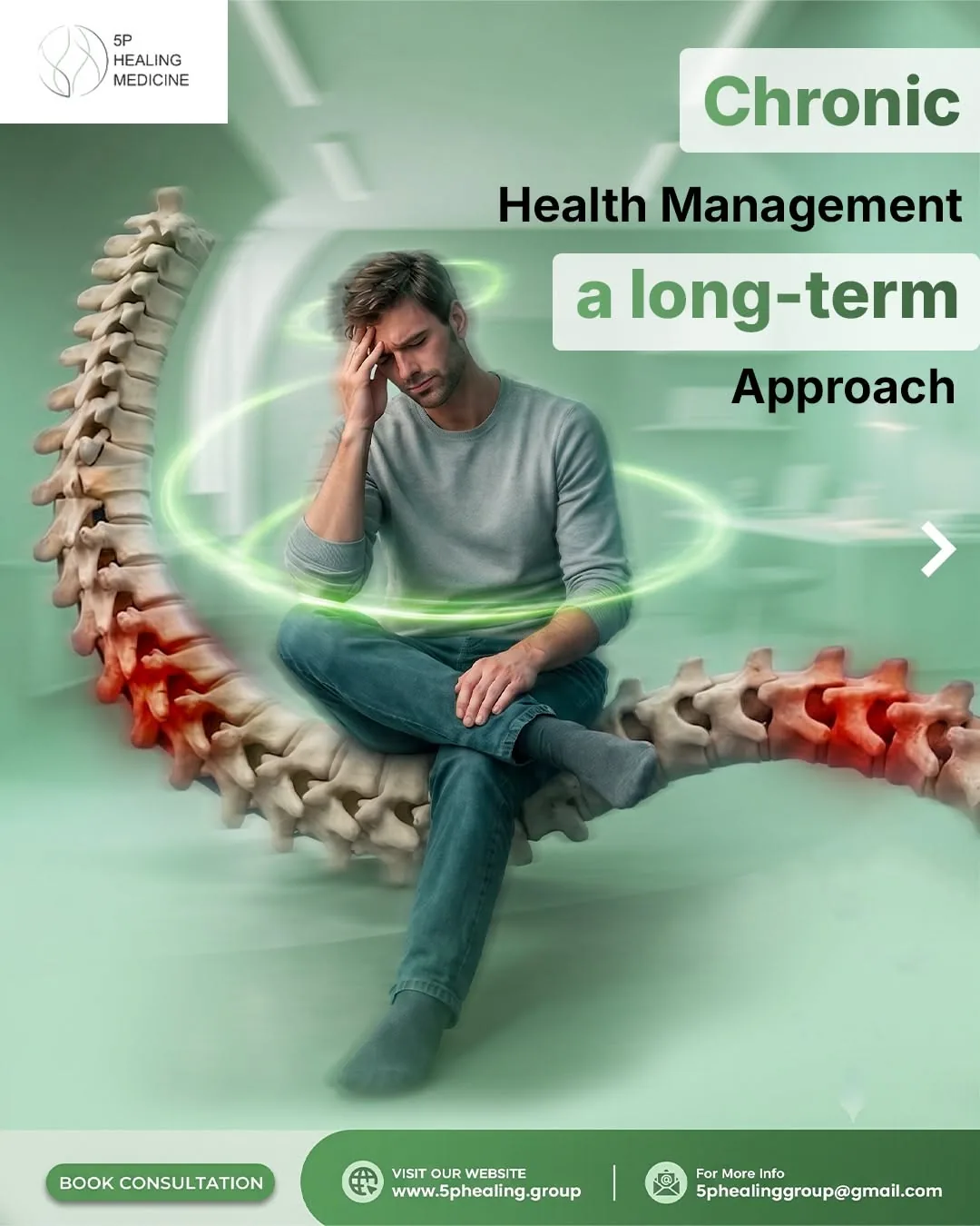 Seated man in glowing spine hero