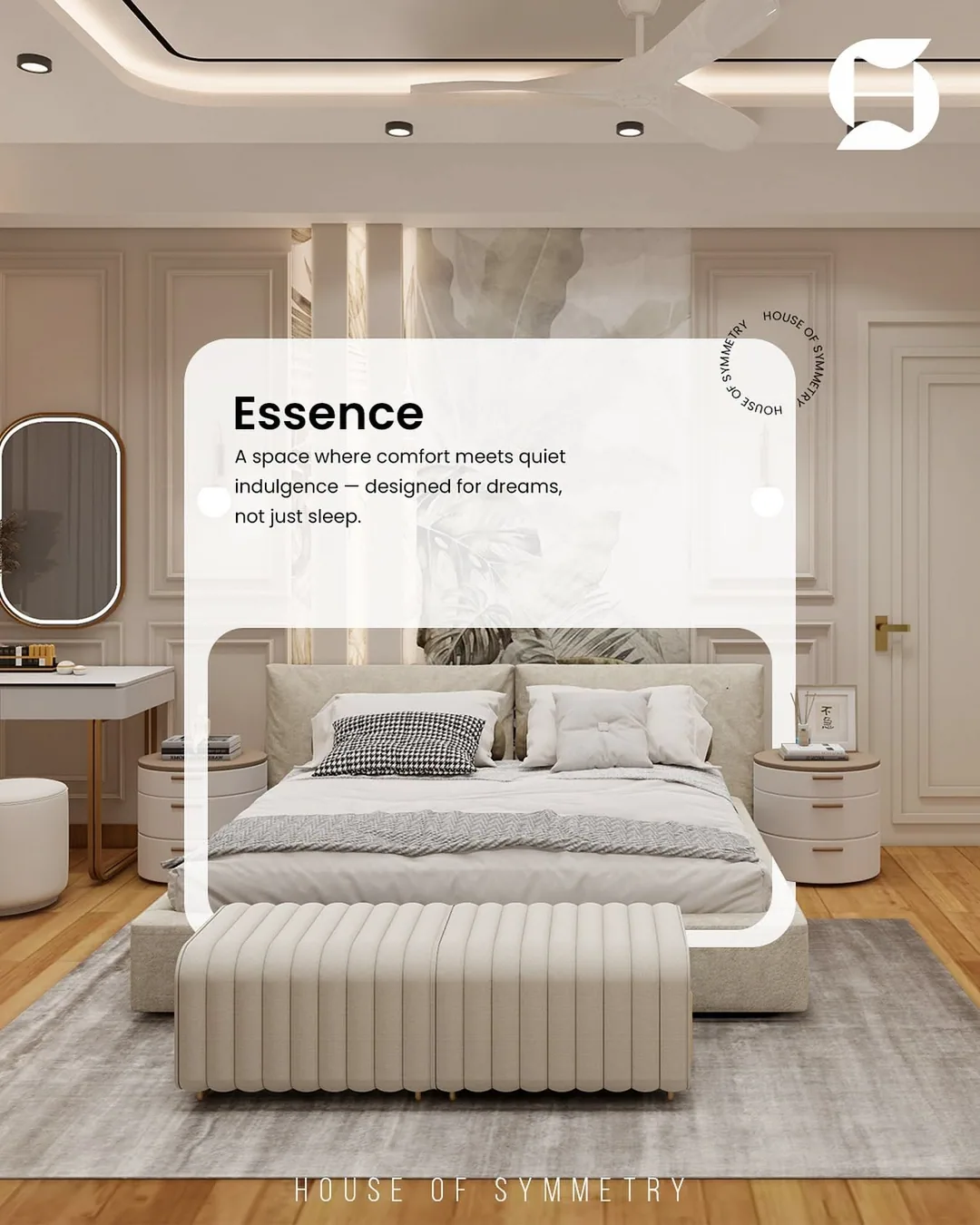 Glass-card quote over luxe interior photo