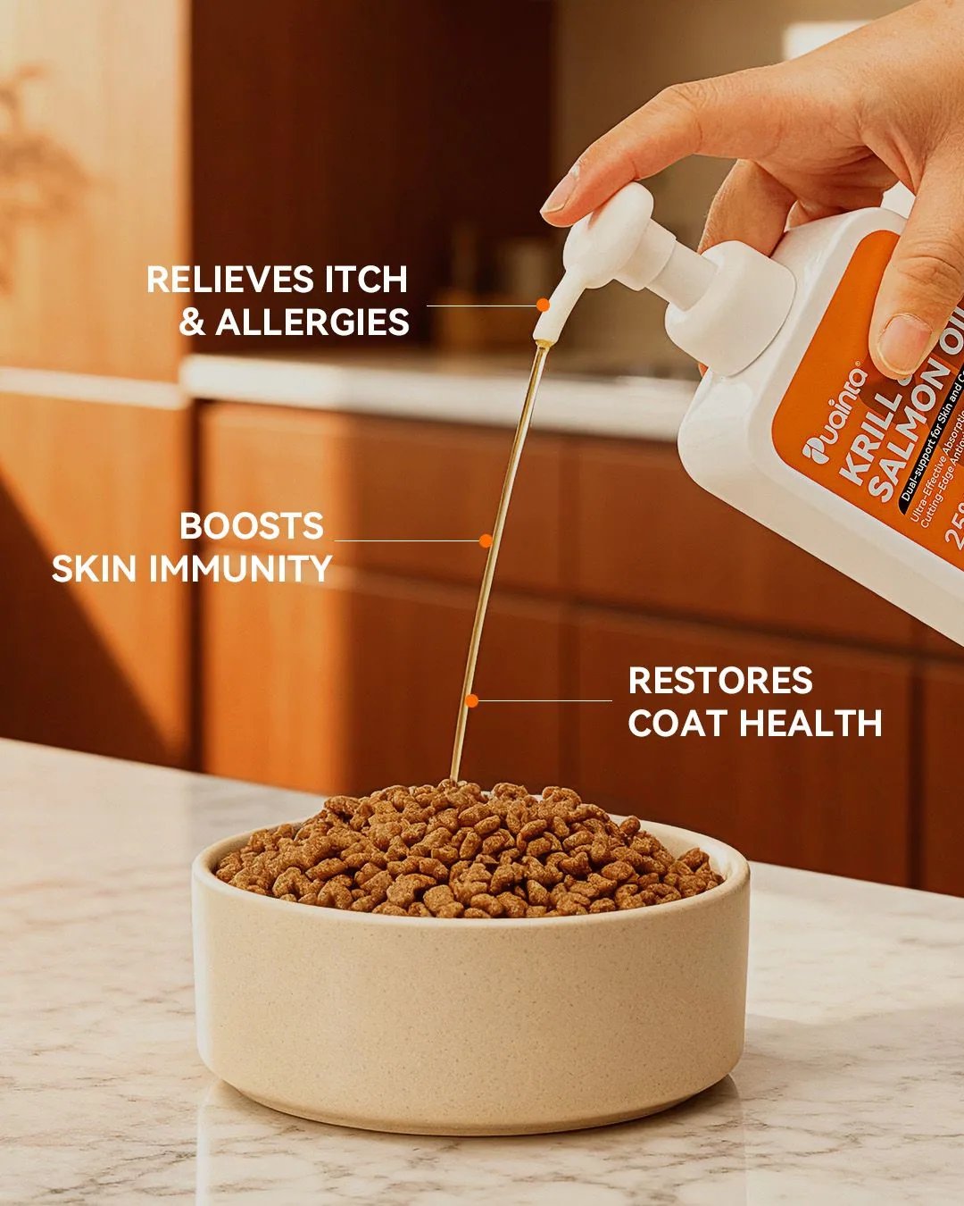 Product pouring into bowl with feature callouts