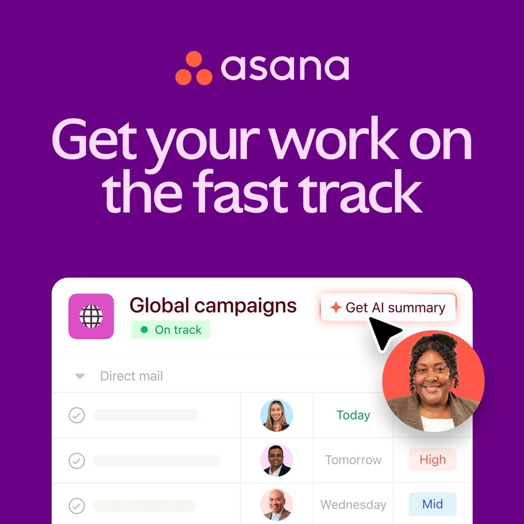 Asana UI screenshot - "Get your work on the fast track"