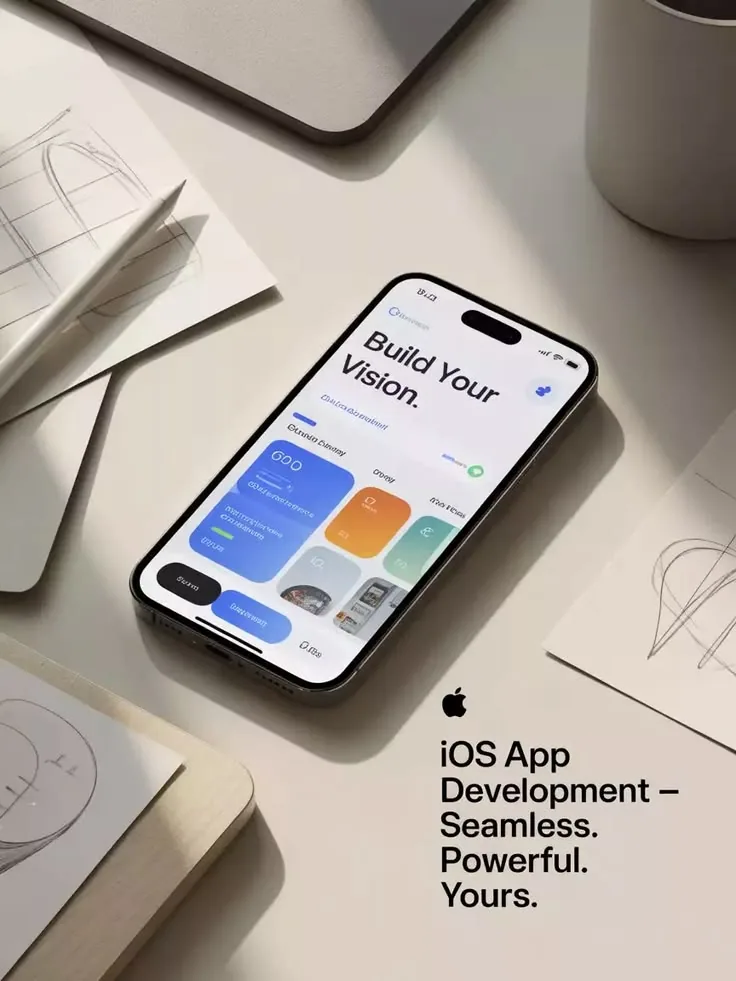 iOS app mockup on a designer's desk