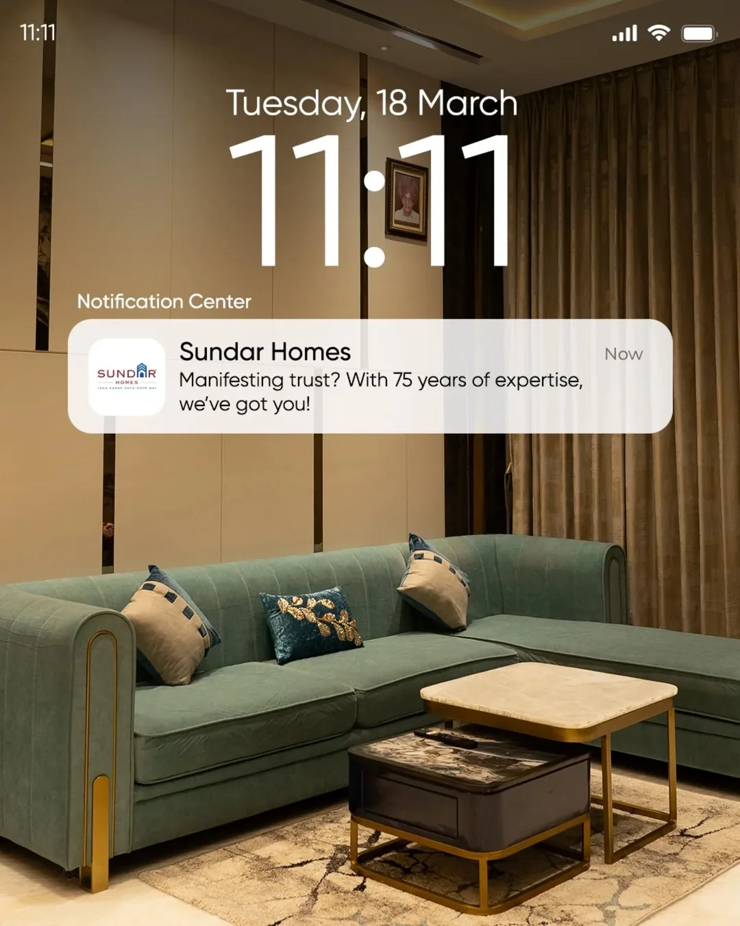 Phone lock-screen notification mockup over interior