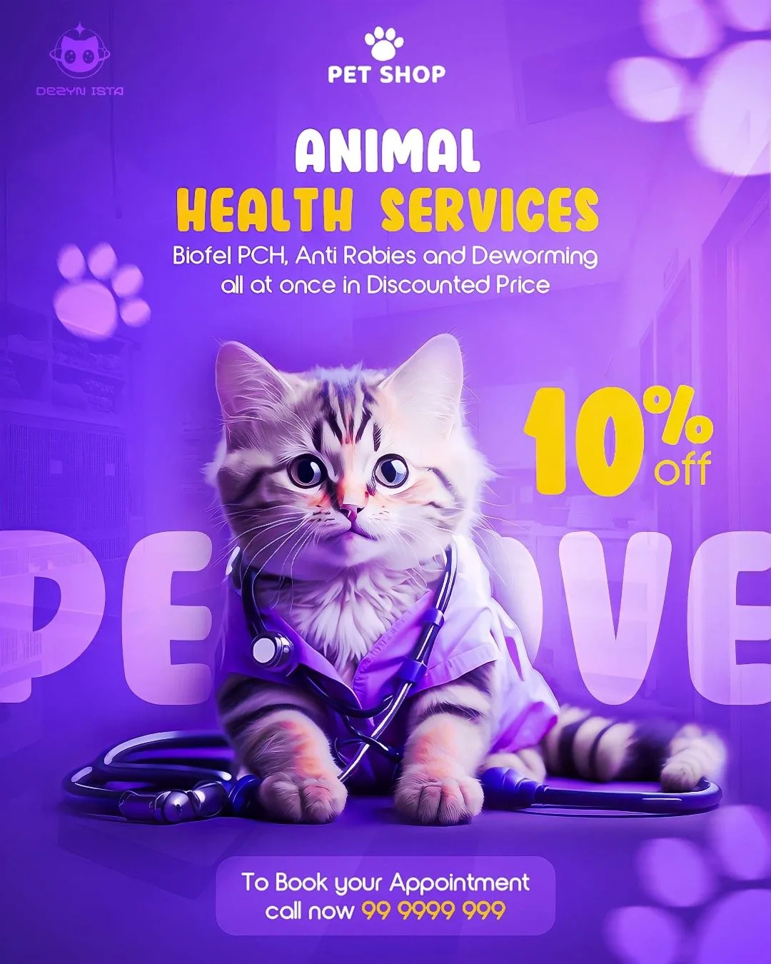 Purple promo hero with costumed pet and discount badge