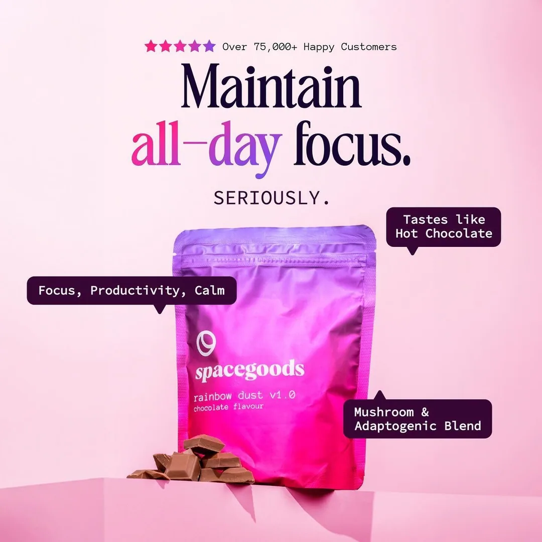 Spacegoods rainbow dust ad with focus benefits