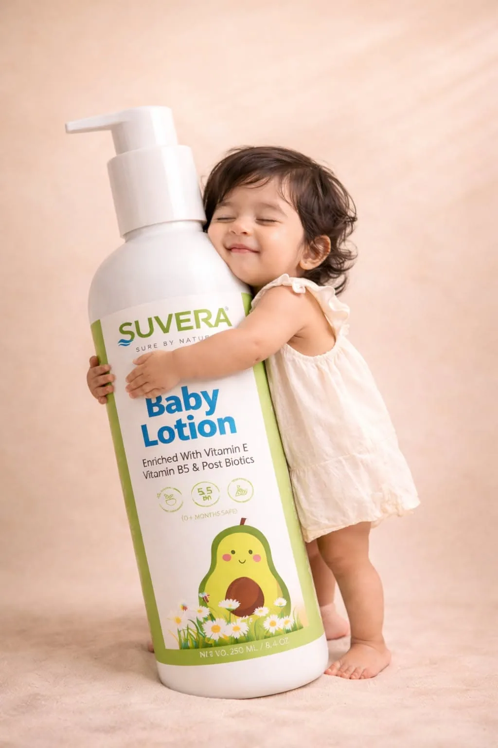 Child hugging oversized product bottle