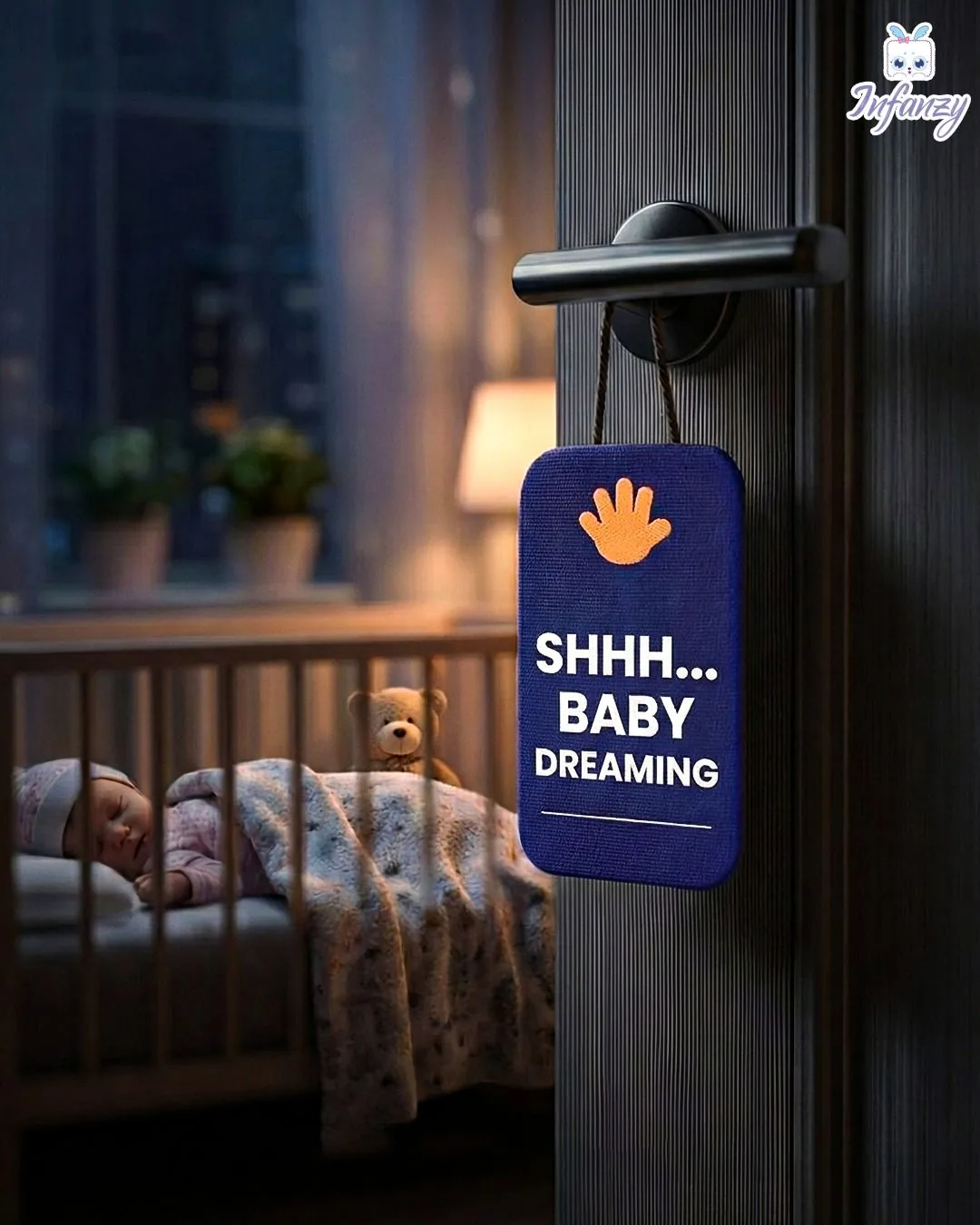 Moody nursery scene with hanging door sign