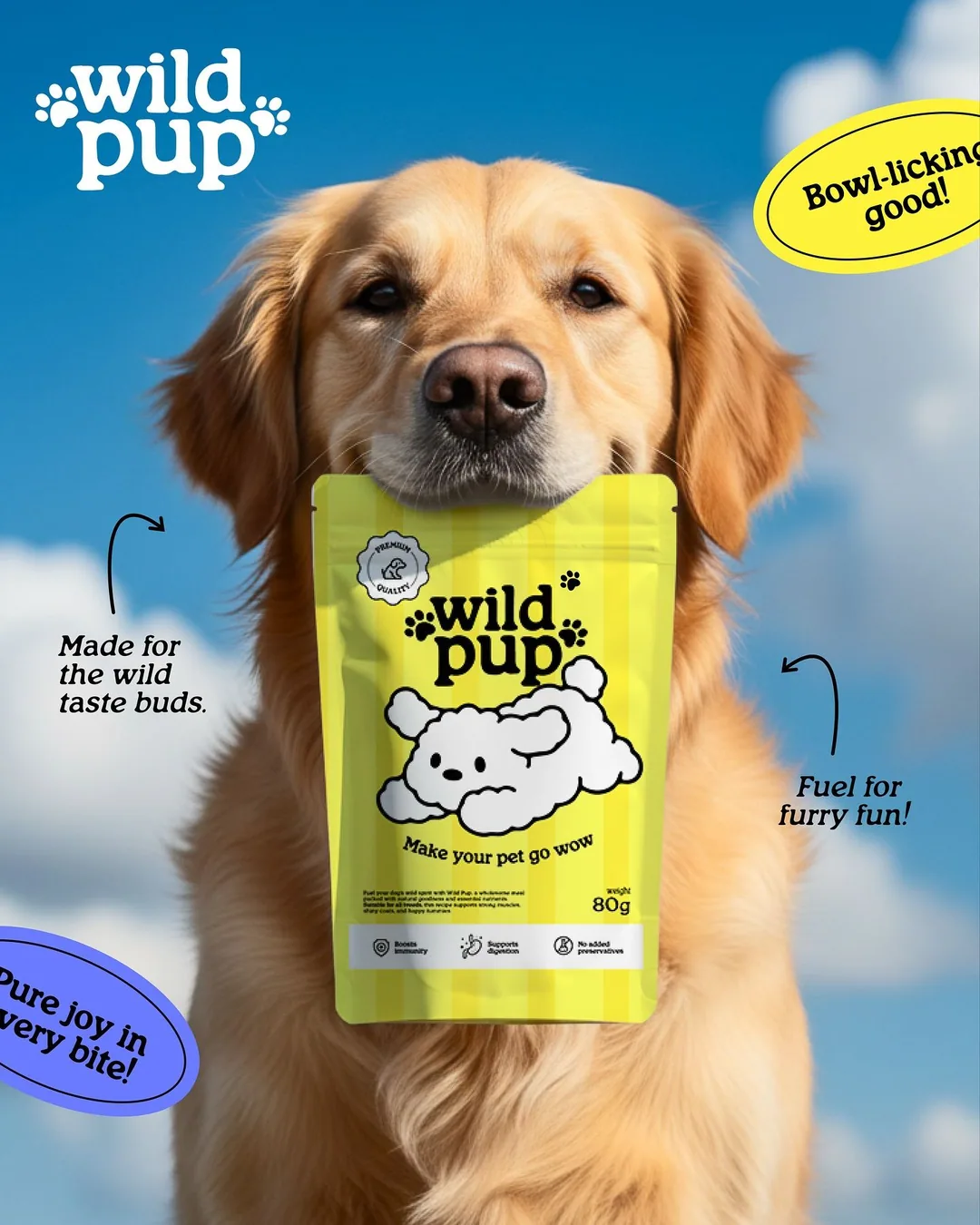 Pet holding product pouch with speech-bubble callouts