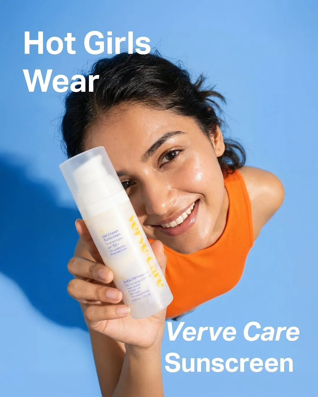 Model holding sunscreen with bold text overlay