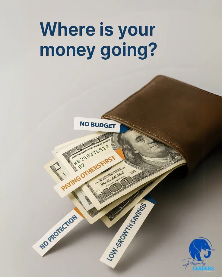 Wallet spilling cash with problem-labels and top headline