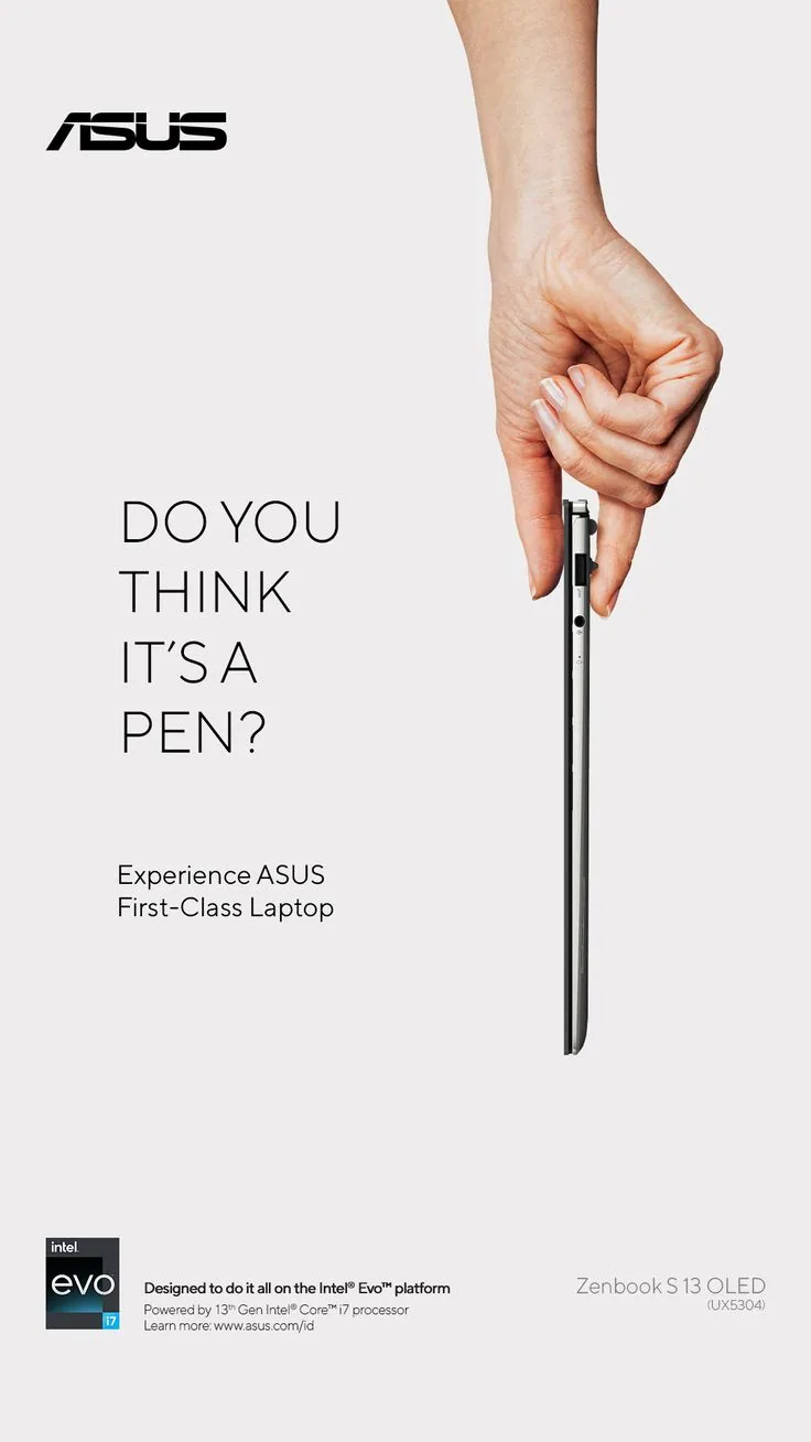 Ultrathin laptop held like a pen, minimal poster