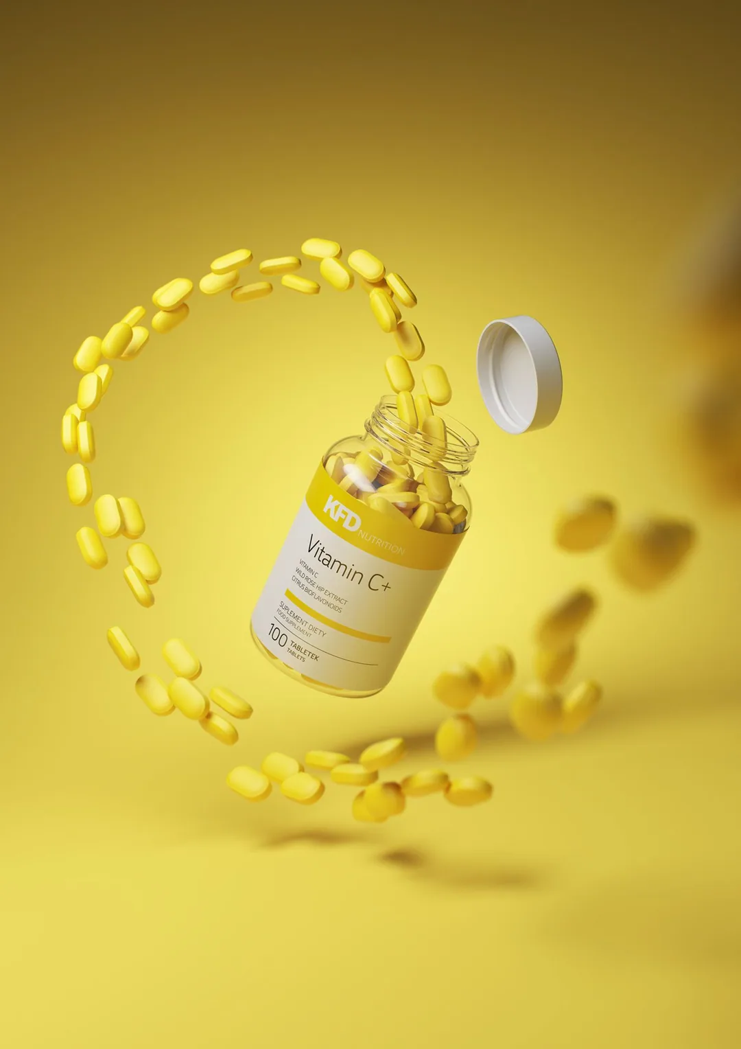 Vitamin C+ bottle with swirling pills