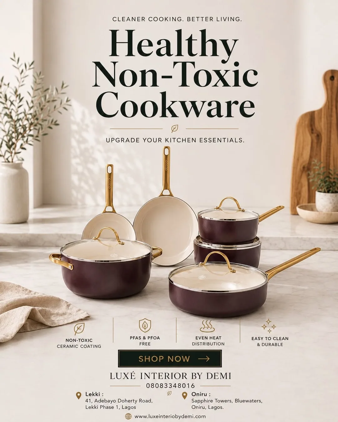 Cookware set with benefit callouts and CTA
