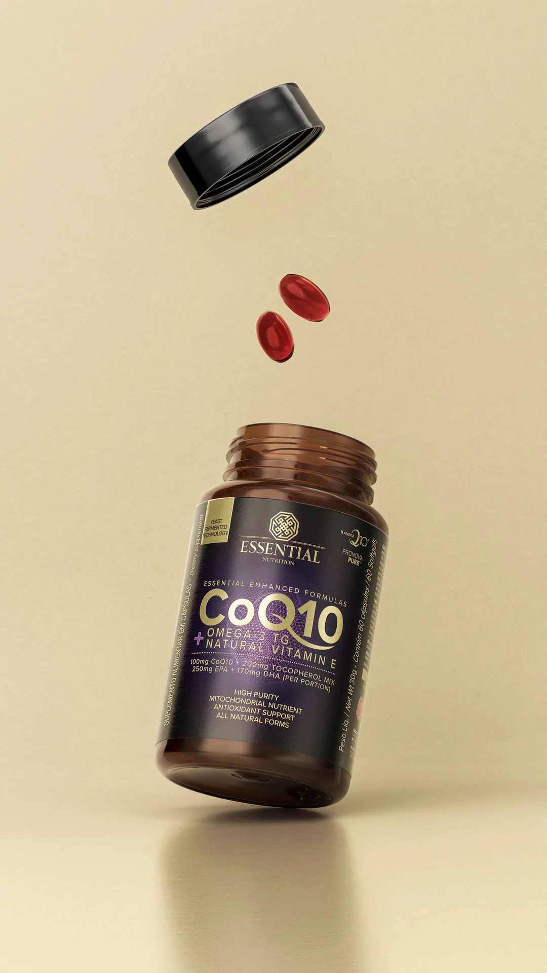 Essential CoQ10 + Vitamin E bottle with floating capsules