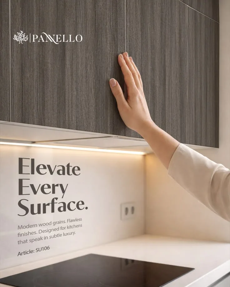 Editorial interior close-up with hand touching wood surface