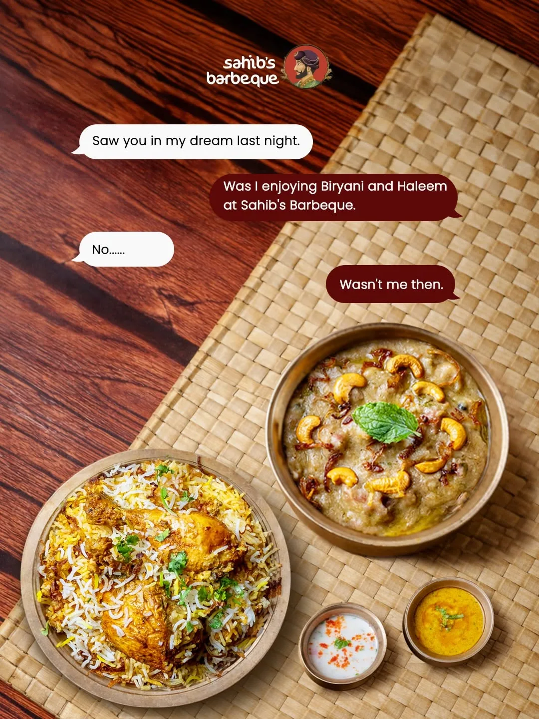 Chat-bubble food hero on textured table