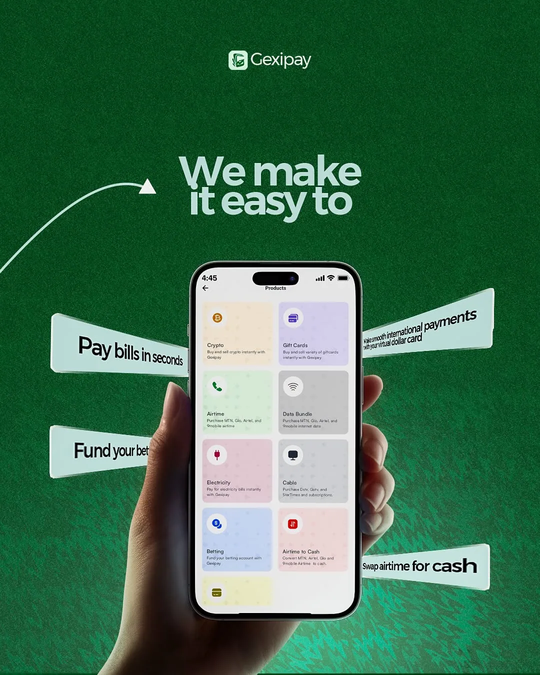 Gexipay phone screen with benefit callouts