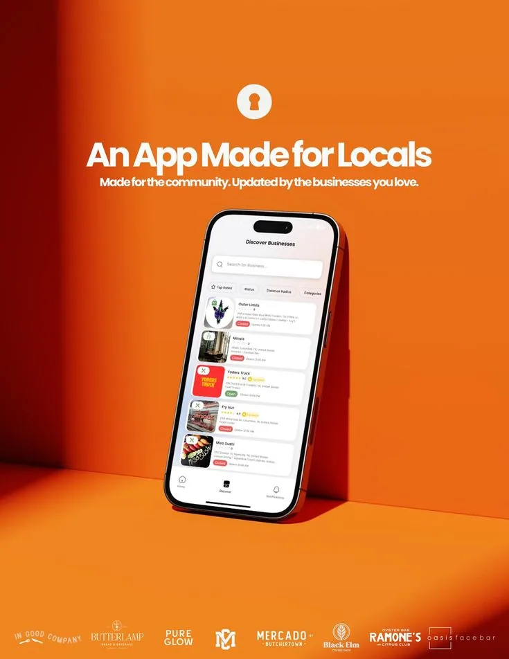 Local-business app phone hero on orange
