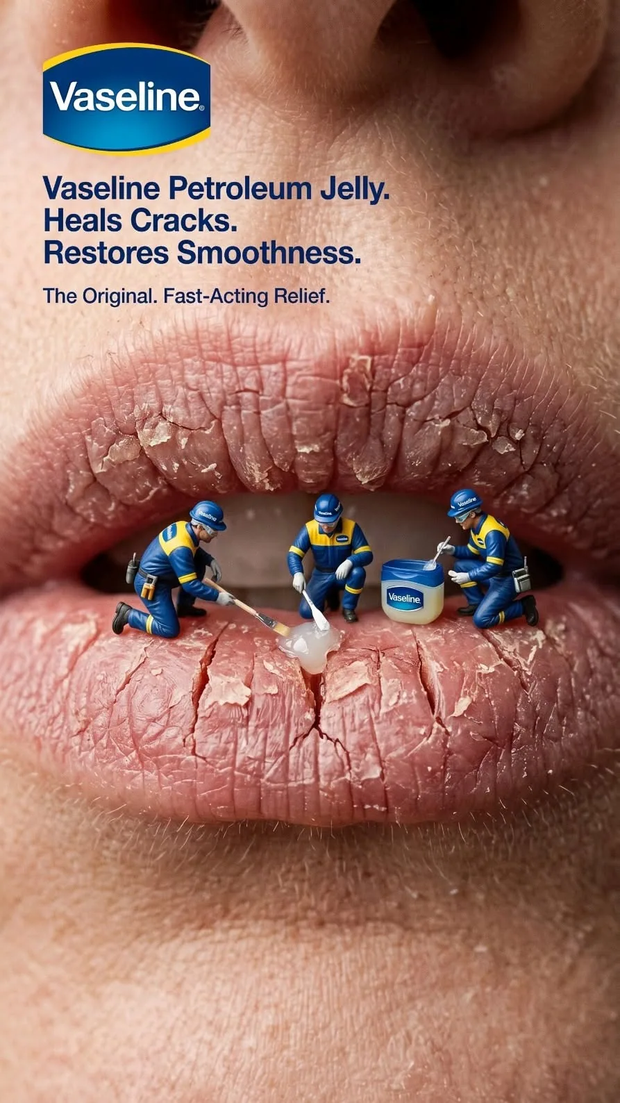 Miniature workers on cracked lips hero