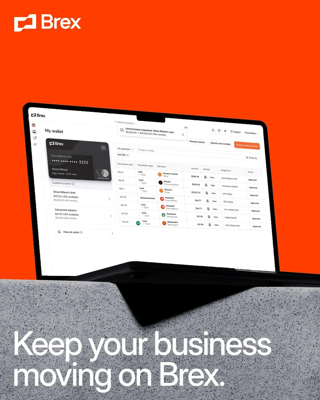 Brex App UI with Transaction List