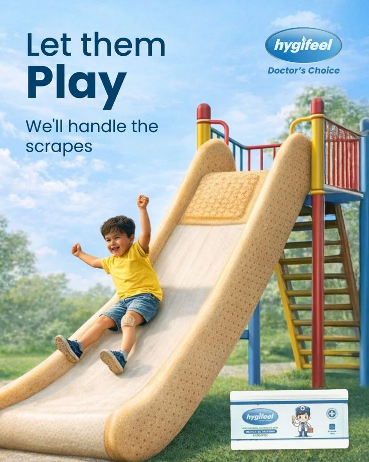 Kid on bandage-textured slide with product pack