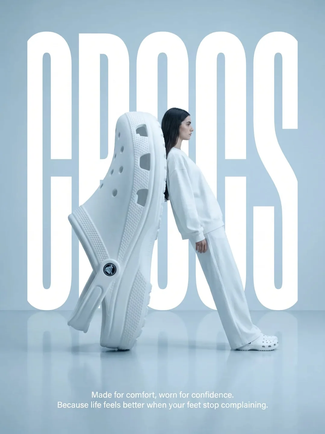 Giant product leaning on model type-hero