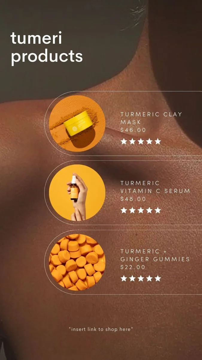 Turmeric skincare product list on skin backdrop