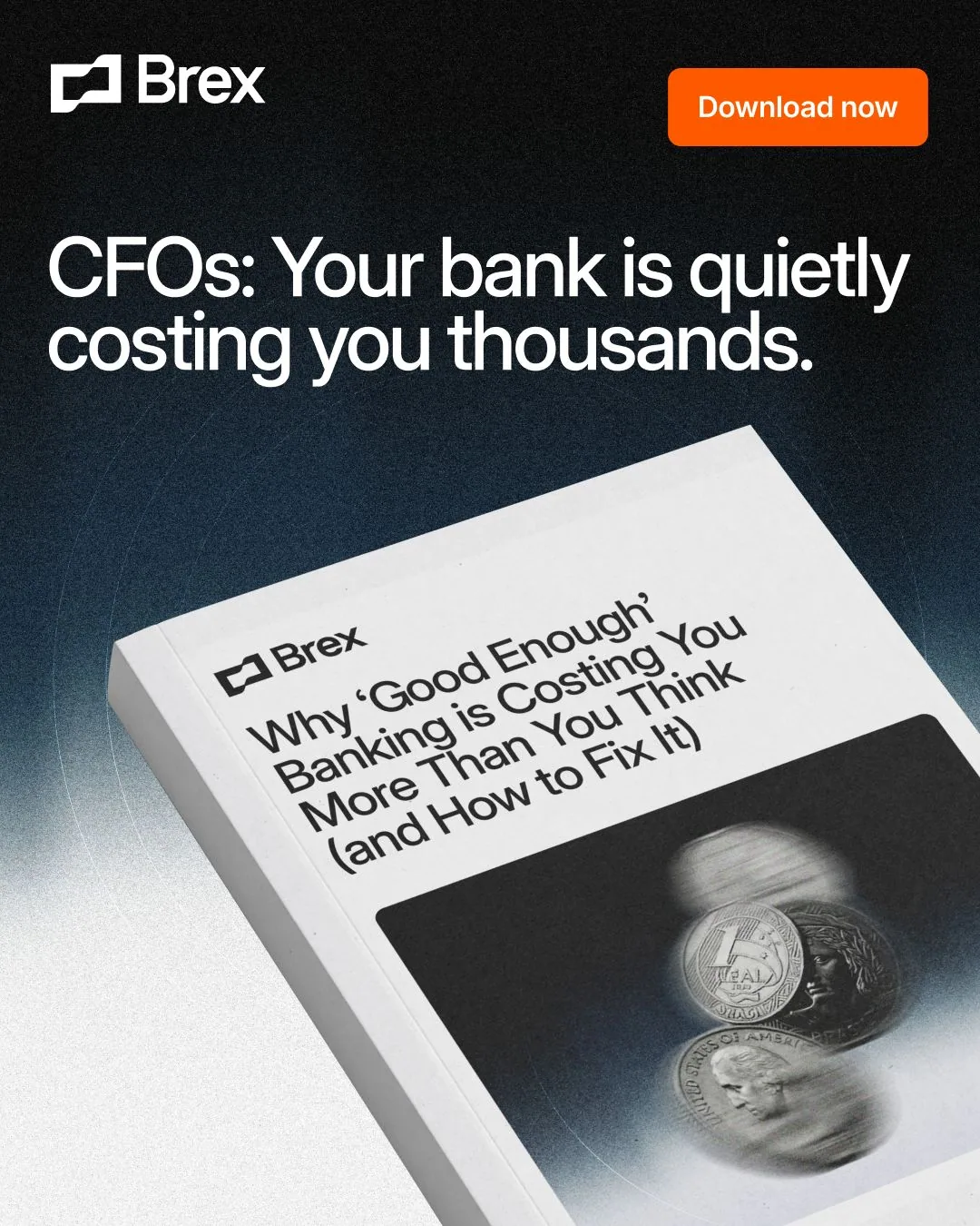 Brex book cover with coins and testimonial headline
